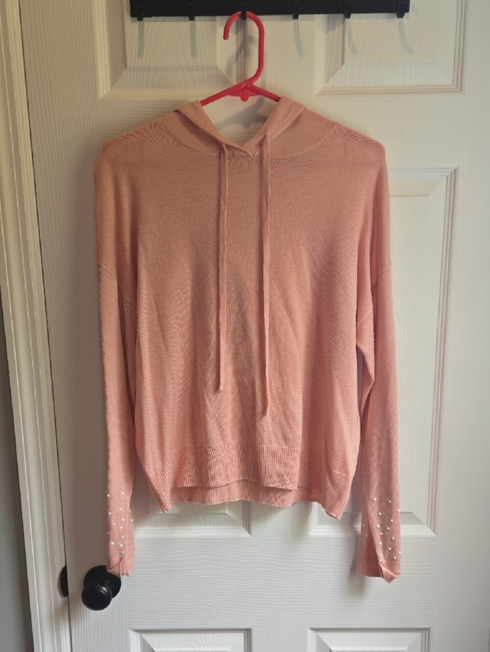 Ultra Flirt Light Pink Hooded Knit Pullover with Pearl Cuff Detail